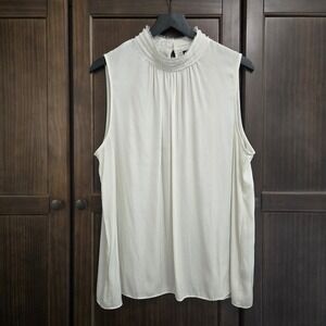 Worthington Womens XL‎ Mock Neck Tunic Flowy Raw Hem Detail White Boho Silky